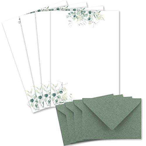 100 Briefbogen-Sets DIN A4 - Naturpapier in Creme mit Eukalyptus-Zweigen - mit Briefumschlägen DIN C6 in Eukalyptus-Grün Briefpapier bedruckbar ideal für Hochzeitseinladungen von Glüxx Agent