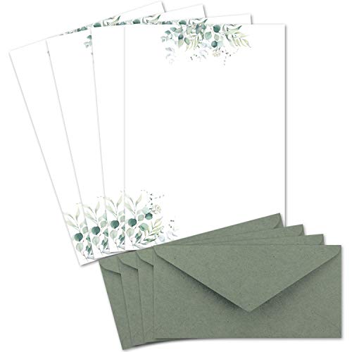 100 Briefbogen-Sets DIN A4 - Naturpapier in Creme mit Eukalyptus-Zweigen - mit Briefumschlägen DIN Lang in Eukalyptus-Grün Briefpapier bedruckbar ideal für Hochzeitseinladungen von Glüxx Agent