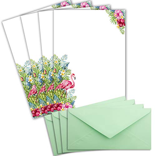 100 Briefbogen-Sets DIN A4 - Papier in Weiß mit tropischem Flamingo Motiv - mit Briefumschlägen DIN Lang in Mintgrün Briefpapier bedruckbar ideal für Hochzeitseinladungen von Glüxx Agent