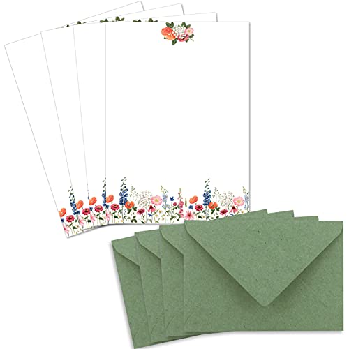 100 Briefpapier-Sets DIN A5 - Naturpapier in Creme mit Blumenwiese - mit Briefumschlägen DIN C6 in Grün Briefbogen bedruckbar ideal für Hochzeitseinladungen von Glüxx Agent