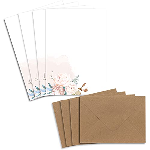 100 Briefpapier-Sets DIN A5 - Naturpapier in Creme mit Trockenblumen - mit Briefumschlägen DIN C6 in Sandbraun Briefbogen bedruckbar ideal für Hochzeitseinladungen von Glüxx Agent