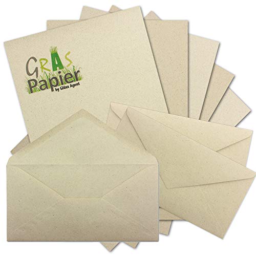 100x ÖKO Briefpapier DIN A4 mit Briefumschlägen Nassklebung DIN Lang aus Graspapier - Recycling Papier 120 g/m² - Umwelt Bastelpapier für Einladungen oder Briefpost - Glüxx Agent von Glüxx Agent