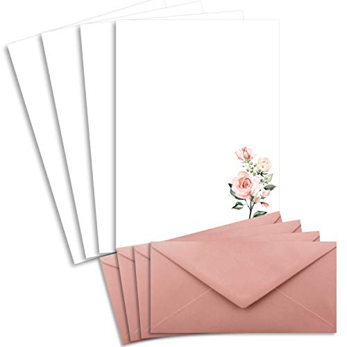 150 Briefbogen-Sets DIN A4 - Naturpapier in Creme mit Rosenzweigen - mit Briefumschlägen DIN Lang in Altrosa Briefpapier bedruckbar ideal für Hochzeitseinladungen von Glüxx Agent