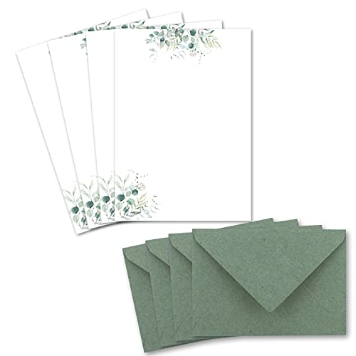 150 Briefpapier-Sets DIN A5 - Naturpapier in Creme mit Eukalyptus-Zweigen - mit Briefumschlägen DIN C6 in Eukalyptus-Grün Briefbogen bedruckbar ideal für Hochzeitseinladungen von Glüxx Agent