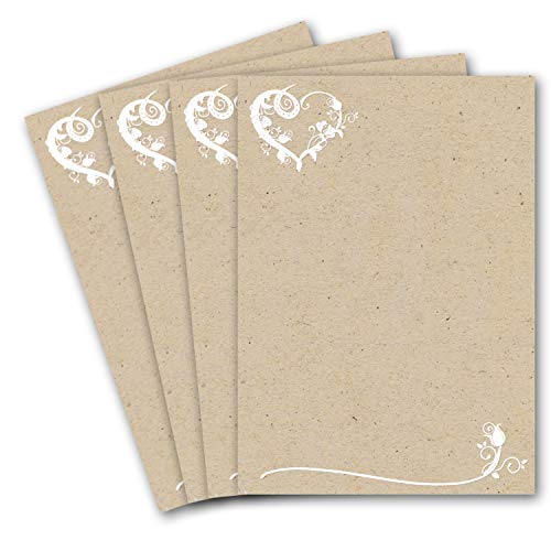 25 Briefbogen DIN A4 - Briefpapier in Kraftpapier-Look mit blumigem Herz-Ornament - Briefpapier bedruckbar zum selbst Beschreiben ideal für Einladungen zu Hochzeit und Geburtstag von Glüxx Agent