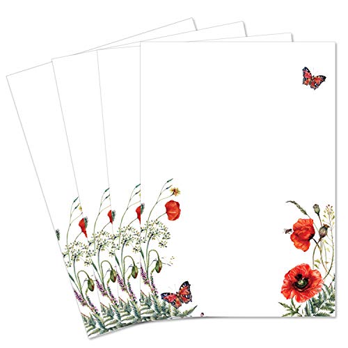 25 Briefbogen DIN A4 - Naturpapier mit Motiv Mohnblume - 120 g/m² - 21,0 x 29,7 cm - Bedruckbar zum selbst Beschreiben ideal für Einladungen zu Hochzeit und Geburtstag von Glüxx Agent