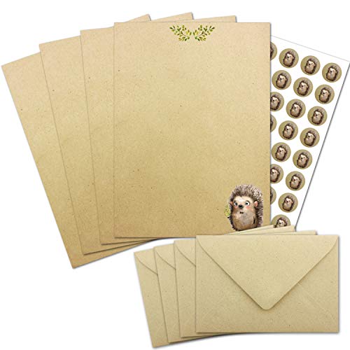 25 Briefbogen-Sets DIN A4 - Graspapier in Beige-Braun mit Igel Motiv - mit Briefumschlägen DIN C6 inkl. runden Motiv-Etiketten - bedruckbar ideal für Einladungen zu Hochzeit und Geburtstag von Glüxx Agent