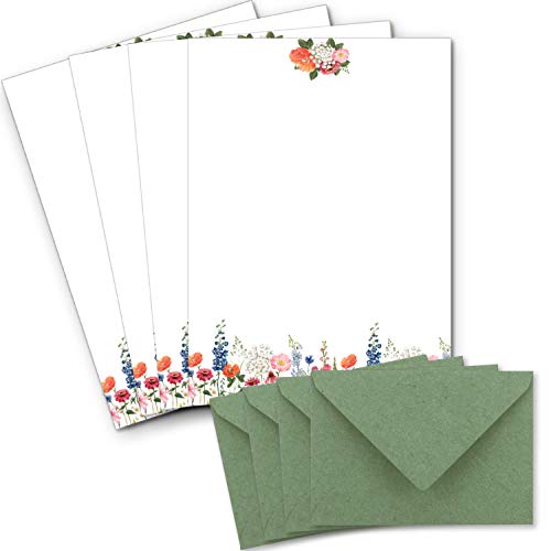 25 Briefbogen-Sets DIN A4 - Motiv bunte Blumenwiese auf Naturpapier - mit Briefumschlägen DIN C6 in Kraftpapier Grün Briefpapier bedruckbar ideal für Hochzeitseinladungen von Glüxx Agent