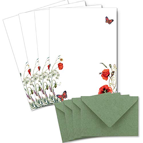 25 Briefbogen-Sets DIN A4 - Naturpapier Motiv Mohnblume - mit Briefumschlägen DIN C6 in Kraftpapier Grün Briefpapier bedruckbar ideal für Hochzeitseinladungen von Glüxx Agent