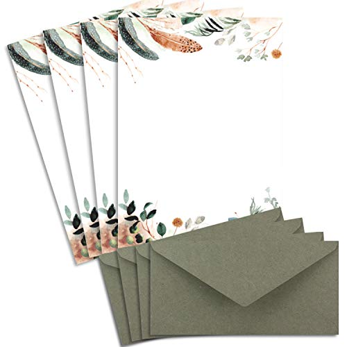 25 Briefbogen-Sets DIN A4 - Naturpapier in Creme Natur Potpourri mit Federn und Zweigen - mit Briefumschlägen DIN Lang in Kraftpapier Grau/Grün Briefpapier bedruckbar ideal für Hochzeitseinladungen von Glüxx Agent