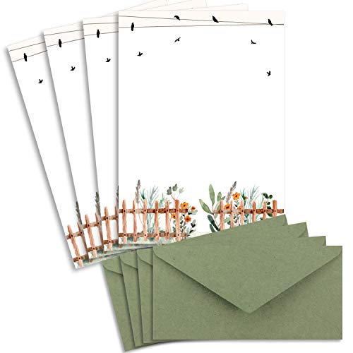 25 Briefbogen-Sets DIN A4 - Naturpapier in Creme mit Blumengarten - mit Briefumschlägen DIN Lang in Kraftpapier Grün Briefpapier bedruckbar ideal für Hochzeitseinladungen von Glüxx Agent