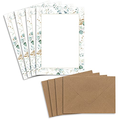 25 Briefpapier-Sets DIN A5 - Naturpapier in Creme mit Rahmen mit Eukalyptus-Zweigen - mit Briefumschlägen DIN C6 in Sandbraun Briefbogen bedruckbar ideal für Hochzeitseinladungen von Glüxx Agent