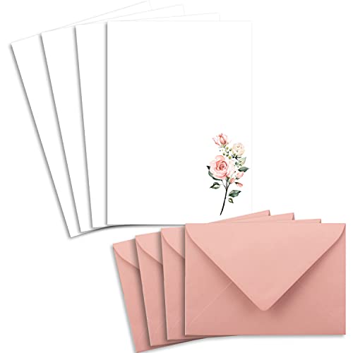 25 Briefpapier-Sets DIN A5 - Naturpapier in Creme mit Rosenzweigen - mit Briefumschlägen DIN C6 in Rosa Briefbogen bedruckbar ideal für Hochzeitseinladungen von Glüxx Agent
