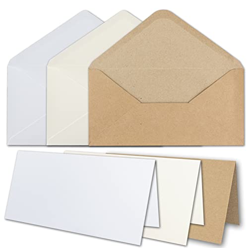 30x Faltkarten Set DIN Lang mit Briefumschlägen in Weiß, Creme und Kraftpapier Braun - Nassklebung, spitze Klappe - für Einladungen und Grußkarten von Glüxx Agent