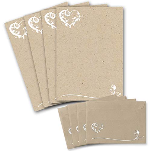 50 Briefbogen-Sets DIN A4 - Briefpapier in Kraftpapier-Look mit blumigem Herz-Ornament - mit passenden Briefumschlägen DIN C6 in taupe Briefpapier bedruckbar ideal für Hochzeitseinladungen von Glüxx Agent