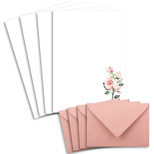 50 Briefbogen-Sets DIN A4 - Naturpapier in Creme mit Rosenzweigen - mit Briefumschlägen DIN C6 in Altrosa Briefpapier bedruckbar ideal für Hochzeitseinladungen von Glüxx Agent