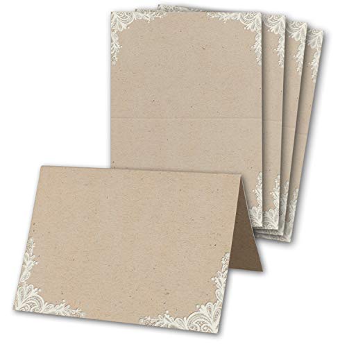 Glüxx Agent 25 Tischkarten Hochzeit - Kraftpapier-Optik mit Spitze - Platzkarten DIN A7 7,4 x 10,5 cm blanko bedruckbar zum Beschriften – Namenskarten, Tischreservierung für Konfirmation Taufe von Glüxx Agent