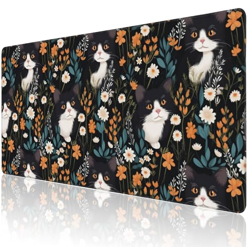 Erweitertes großes Gaming-Mauspad, schwarze Katze, Wildblumen, große Schreibtischunterlage für den Schreibtisch, XXL, rutschfeste Gummiunterseite, genähte Kanten, lange Computer-Tastatur, Erweitertes großes Gaming-Mauspad, schwarze Katze, Wildblumen, große Schreibtischunterlage für den Schreibtisch, XXL, rutschfeste Gummiunterseite, genähte Kanten, lange Computer-Tastatur, von Gnhkmw