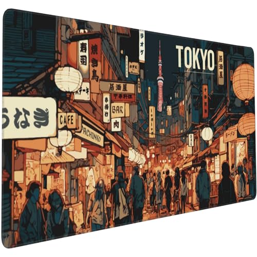 Großes Gaming-Mauspad, Japan Tokyo Yokocho Vintage Street Schreibtischunterlage für den Schreibtisch, rutschfeste Gummiunterseite, genähte Kanten, lange Computer-Tastatur, Mauspad von Gnhkmw