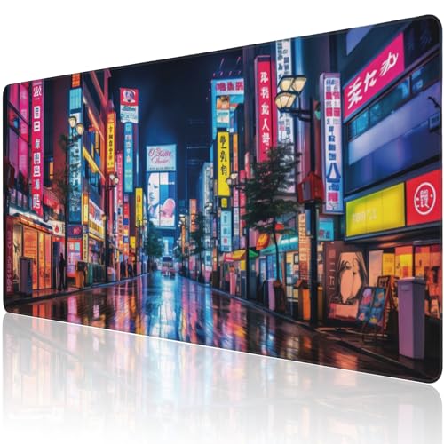 Schreibtischunterlage, japanische Tokyo Straße, Nachtsicht, erweitertes großes Gaming-Mauspad für den Schreibtisch, rutschfeste Gummiunterseite, genähte Kanten, lange Computer-Tastatur, von Gnhkmw