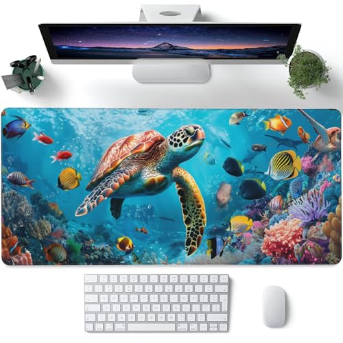 XXL-Mauspad, Meeresschildkröte mit bunten Fischen, großes Gaming-Mauspad, Unterwasserwelt, erweiterte große Computer-Tastatur-Schreibtischunterlage mit rutschfester Unterseite, genähte Kanten, 89,9 x von Gnhkmw