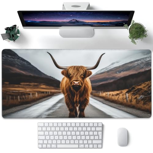 Gnhkmw XXL-Mauspad, Schottland-Highland-Kuh, große Schreibtischunterlage für den Schreibtisch, erweitertes großes Gaming-Mauspad mit Rutschfester Gummiunterseite, genähte Kanten für Computertastatur, von Gnhkmw