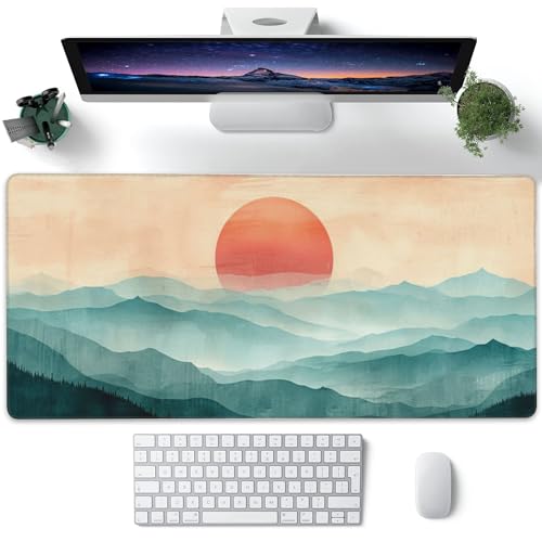 XXL-Mauspad, abstrakte Aquarell-Berge und Mond, große Schreibtischunterlage für den Schreibtisch, erweitertes großes Gaming-Mauspad, Mauspad mit rutschfester Gummiunterseite, genähter Rand für von Gnhkmw