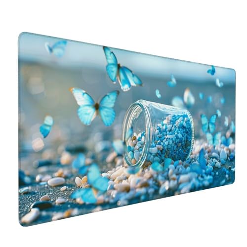 Blau Mauspad XXL 600 x 300 x 3 mm Groß Gaming Mauspad Schmetterling Design Vernähte Kanten, mit Rutschfeste Gummiunterseite, Verbessert Mouse Präzision und Geschwindigkeit für Gaming Laptop Büro X-788 von Gnulguxo
