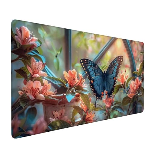 Blume Mauspad XXL 1000 x 500 x 3 mm Groß Gaming Mauspad Schmetterling Design Vernähte Kanten, mit rutschfeste Gummiunterseite, Verbessert Mouse Präzision Geschwindigkeit für Gaming Laptop Büro X-268 von Gnulguxo
