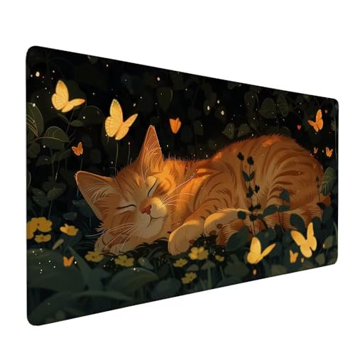 Orange Katze Mauspad XXL 1000 x 500 x 3 mm Groß Gaming Mauspad Schmetterling Design Vernähte Kanten, mit rutschfeste Gummiunterseite, Mouse Präzision und Geschwindigkeit für Gaming Laptop Büro X-300 von Gnulguxo
