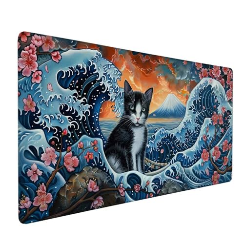 Schwarz Mauspad XXL 1000 x 500 x 3 mm Groß Gaming Mauspad Katze Design Vernähte Kanten, mit rutschfeste Gummiunterseite, Verbessert Mouse Präzision und Geschwindigkeit für Gaming Laptop Büro X-218 von Gnulguxo