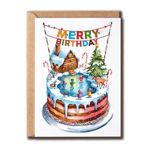 GoGi93Art Geburtstagskarte mit Aufschrift "Merry Birthday", Grußkarte, Geburtstagskuchen mit Weihnachtsthema, "Happy Anniversary", innen blanko, hübsch, Kinder, Familie GoGi93Art Geburtstagskarte mit Aufschrift "Merry Birthday", Grußkarte, Geburtstagskuchen mit Weihnachtsthema, "Happy Anniversary", innen blanko, hübsch, Kinder, Familie von GoGi93Art