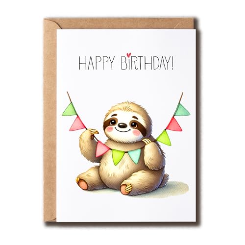 GoGi93Art Geburtstagskarte mit Faultier-Motiv, Faultier mit Wimpelkarte, lustiger Jahrestag, schöner Faultier-Geburtstag, Gruß, innen blanko, für Sie und Ihn GoGi93Art Geburtstagskarte mit Faultier-Motiv, Faultier mit Wimpelkarte, lustiger Jahrestag, schöner Faultier-Geburtstag, Gruß, innen blanko, für Sie und Ihn von GoGi93Art