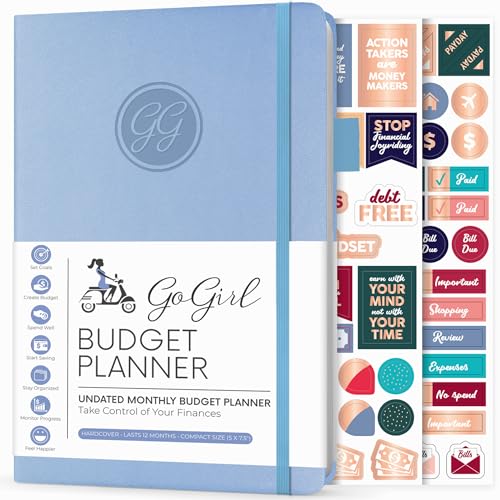 GoGirl Budget Planer - Monatliches Budgetbuch für Finanzplaner. Expense Tracker Notebook Journal zur Kontrolle Ihres Geldes. Undatiert, dauert 1 Jahr, Kompakt (13.5x19cm) - Hellblau von GoGirl