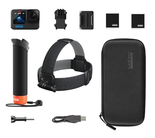 GoPro HERO12-Zubehörpaket – enthält die HERO12 Black-Kamera, den Handler (schwebender Handgriff), den Kopfgurt 2.0, den wiederaufladbaren Enduro-Akku (insgesamt 2) und die Tragetasche von GoPro