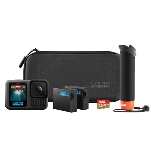 GoPro HERO13 Black Zubehörpaket – enthält den Handler (schwimmender Handgriff), 2 Enduro-Akkus, 2 Gebogene Klebehalterungen, 64GB SanDisk MicroSD-Karte, Tragetasche und mehr von GoPro