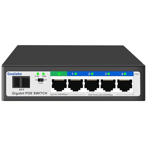 Goalake 6 Port Gigabit Ethernet Unmanaged PoE+ Switch, 4 Gigabit PoE+ @52W, 1 Gigabit Uplink, 1 Gigabit SFP Slot, 802.3af/at, VLAN-Modus, KI-Erkennung, ideal für IP-Überwachung und Access Point von Goalake