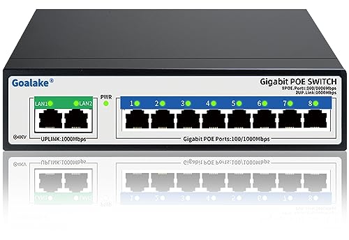 Goalake 8-Port-Gigabit-PoE-Switch mit 2 Gigabit-Uplink, 100 W @ 802,3 af/at, 4 KV Blitzschutz, ideal für IP-Überwachung und Access Point, Plug-and-Play, Desktop- oder Wandhalterung (nicht verwaltet) von Goalake