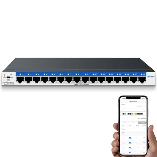 Goalake Managed Netzwerk-Switches 16 Port Gigabit Ethernet LAN Switch, Cloud-Management Plug-and-Play, Metallgehäuse, Leiser Betrieb von Goalake