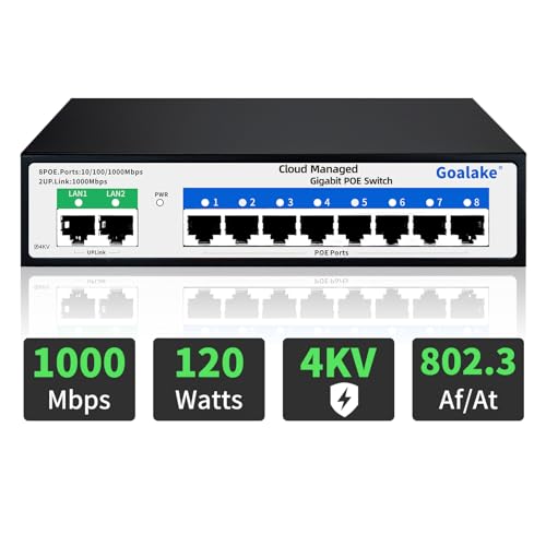 Goalake Switch Poe+ Gigabit 10 Ports, Gigabit Ethernet-Switch in der Cloud, 8 Poe-Ports bei 120 W, 2 Gigabit Uplink, 802.3af/at, App einfach zu verwalten, Cloud-Erkennung, Vlan, Cloud-Neustart, 250 m von Goalake