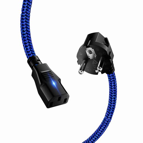 Kaltgerätekabel 3 polig, Goalfish 2,0m Nylon-Geflecht Universelle Stromkabel (CEE 7/7 auf C13) Netzkabel mit VDE für Monitore, PC, Drucker, Scanner, TV, Bildschirm, Beamer, Projektor - Blau von Goalfish