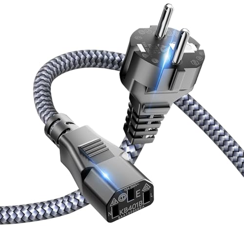 Kaltgerätekabel 3 polig,Goalfish Netzkabel 1m Nylon-Geflecht Universale Stromkabel (CEE 7/7 auf IEC60320 C13) mit VDE für TV PC Computer Monitor Bildschirm Drucker Beamer Projektor etc-Grau von Goalfish