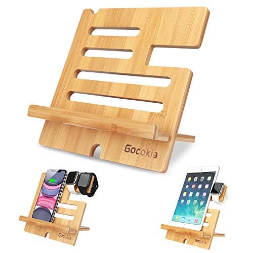 Gocokia Bambus-Tablet-Ständer, verstellbar, abnehmbare Handyhalterung für iPhone, iPad, iWatch und alle Handys von Gocokia