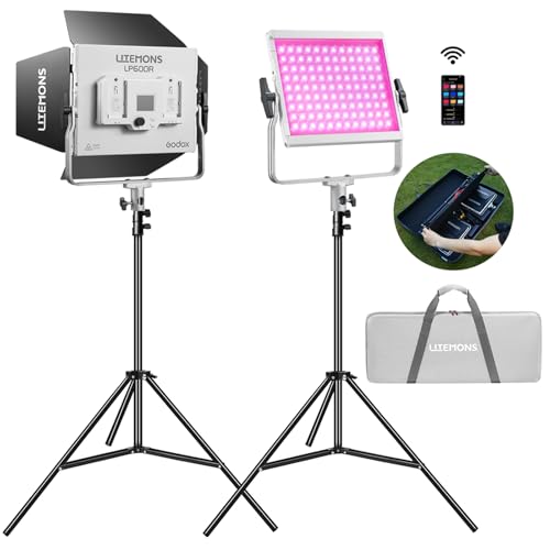Godox 2er Pack Litemons LP600R RGB LED Lichtpaneel Kit mit Stativ/Tragetasche, APP Steuerung, 60W Fotostudio Beleuchtung, 1800K - 10000K, 14 FX Modi, 360° Rotierbar(LP600R K2) von Godox
