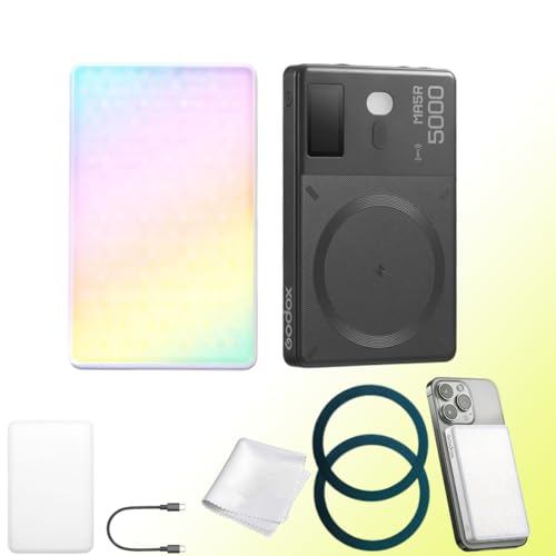 Godox MA5R 2-in-1 RGB LED Videoleuchte mit Magnetladung, CCT 1800K-10000K, 14 Lichteffekten, Vollfarb-Selfie-Aufhelllicht, unterstützt NFC-App-Steuerung (Schwarz) von GODOX