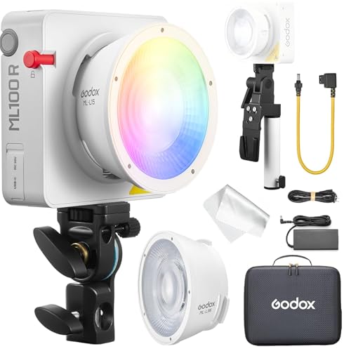 Godox ML100R Kit1 Vollfarb-RGB LED-Videoleuchte mit austauschbarem 15° & 36° Linsenreflektor, V-Mount-Batteriegriff, 1800-10000K CCT, 14 filmische FX-Effekte & App-Steuerung von Godox