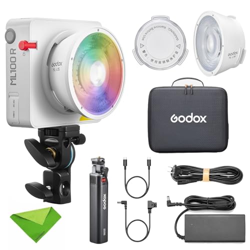 Godox ML100R Kit3 Vollfarb-LED-Videoleuchte mit Batteriegriff CCT 1800K-10000K FX-Modus 14 CRI ≈ 95 TLCI ≈ 95, für die tägliche Porträtfotografie, mobile Außenaufnahmen und Innenbeleuchtung von Godox