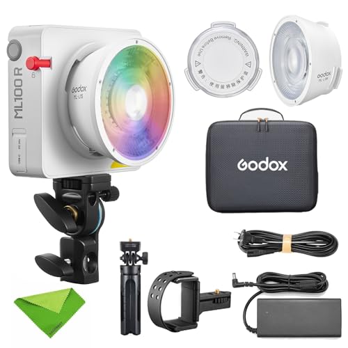 Godox ML100R Kit4 Vollfarb-LED-Videoleuchte CCT 1800K-10000K FX-Modus 14 CRI ≈ 95 TLCI ≈ 95, für die tägliche Porträtfotografie, mobile Außenaufnahmen und Innenbeleuchtung von Godox