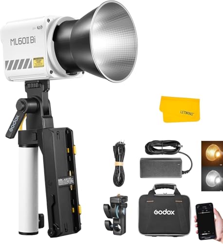 Godox ML60IIBi Tragbares LED Videoleuchte, 70W Studiolicht 2800–6500 K CRI 96+ TLCI 97+, 11 FX-Lichteffekte, APP-Steuerung mit Batterie Zubehör Kit AK-B01 Bügelgriff Godox ML60IIBi Tragbares LED Videoleuchte, 70W Studiolicht 2800–6500 K CRI 96+ TLCI 97+, 11 FX-Lichteffekte, APP-Steuerung mit Batterie Zubehör Kit AK-B01 Bügelgriff von Godox