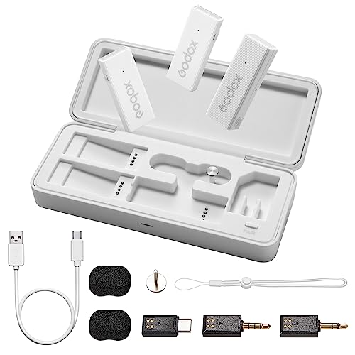 GODOX Movelink Mini UC Kit 2 Wireless Lavalier Mikrofon System, 2,4 GHz 100 m (328 ft.) Drahtloses Mikrofon mit Ladekoffer für Handy, PC, Android, USB-C, Kameras, Vlog, TikTok, Interviews (Weiß) von GODOX